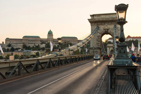 Vista Ponte Cadeia Szechenyi Castelo Buda Budapeste Pôr Sol Hungria — Fotografia de Stock