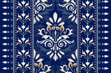Damask Ikat çiçek deseni lacivert arkaplan vektör illüstrasyonunda. Ikat etnik doğu nakışı, Aztek stili, el çizimi, barok. Doku, kumaş, giysi, ambalaj, dekorasyon, iz.