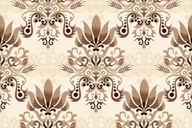 Beyaz arkaplan vektör illüstrasyonunda Damask Ikat çiçek deseni. Etnik doğuya özgü nakış, Aztek stili, el çizimi, barok. Doku, kumaş, giysi, ambalaj, dekorasyon, baskı için tasarım..