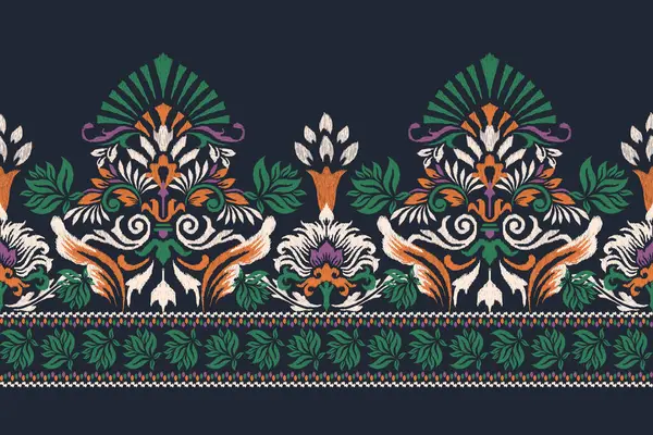 Patrón Floral Damasco Ikat Sobre Fondo Negro Vector Ilustración Ikat — Vector de stock