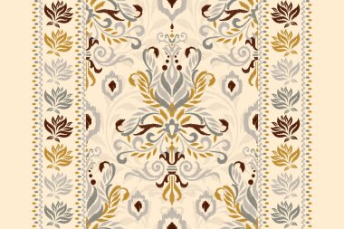 Krem arkaplan vektörü illüstrasyonunda Damask Ikat çiçek deseni. Etnik doğuya özgü nakış, mürekkep dokusu, barok. Doku, kumaş, giysi, ambalaj, dekorasyon, halı, eşarp..