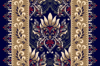 Damask Ikat çiçek deseni lacivert arkaplan vektör illüstrasyonunda. Ikat etnik oryantal nakış, barok, mürekkep deseni. Doku, kumaş, giysi, ambalaj, dekorasyon, eşarp tasarımı.