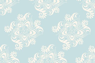 Mavi arkaplan vektör illüstrasyonunda damask pürüzsüz desen, floral dikişsiz desen, mavi ve beyaz arkaplan, barok tarzı. Doku, kumaş, giysi, iz, bluz tasarımı.