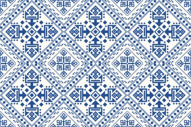 Geometrik etnik doğulu dikişsiz model vektör illüstrasyonu, mavi ve beyaz arkaplan, geometrik dikişsiz desen. Doku, baskı, fayans tasarımı.