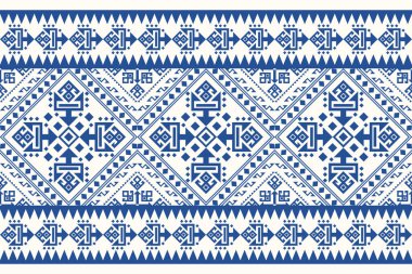 Geometrik etnik model Vektör illüstrasyonu, mavi ve beyaz arkaplan, Geometrik çiçek deseni, soyut arkaplan, Aztek tarzı, soyut tasarım