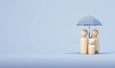 Ev, araba, aile, sağlık, bavul ve şemsiye sigorta kapsamına giriyor. 3d oluşturma.