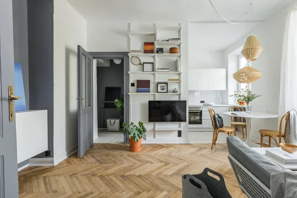 Apartamento Estilo Escandinavo Com Piso Madeira Sofá — Fotografia de Stock