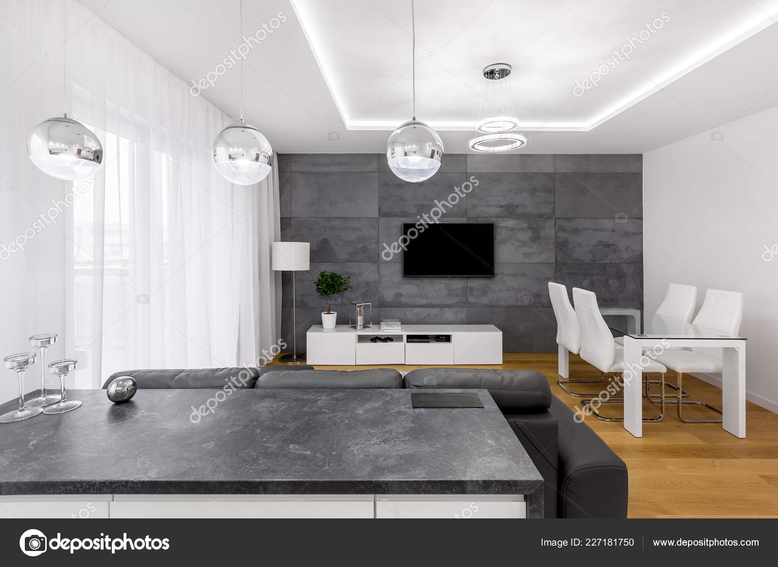 Modern Open Plan Apartment Concrete Wall Lamps Table Chairs
