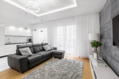 Deri kanepe, tv ve modern lamba açık gri ve beyaz oturma odası