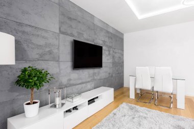 Modern oturma odası, Dekoratif beton duvar, tv, dolap, Masa ve sandalyeler
