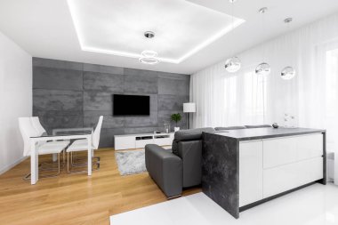Oturma odası alanı yemek ile açın, alanı ve mutfak ada lounge