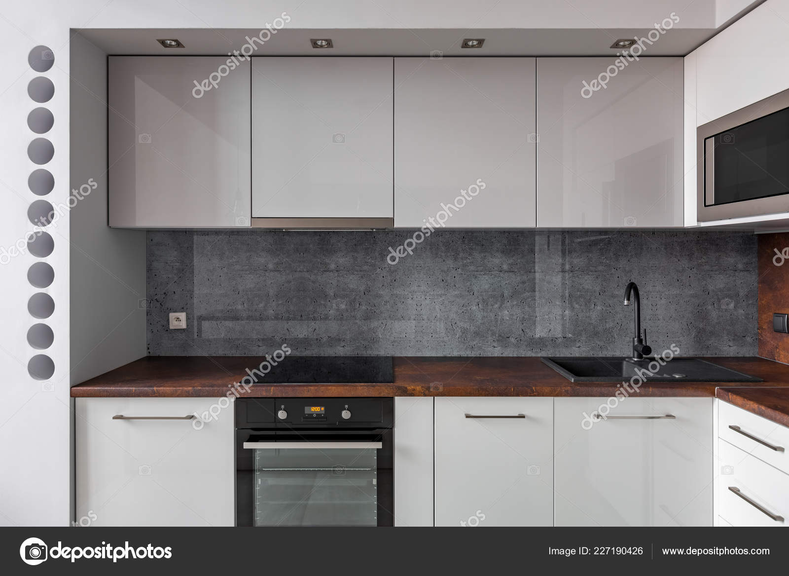 Modern Kitchen Granite Backsplash Functional Cabinets Stock