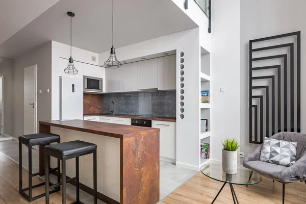 Wohnung Mit Funktionaler Offener Küche Und Modernem Wandheizkörper — Stockfoto