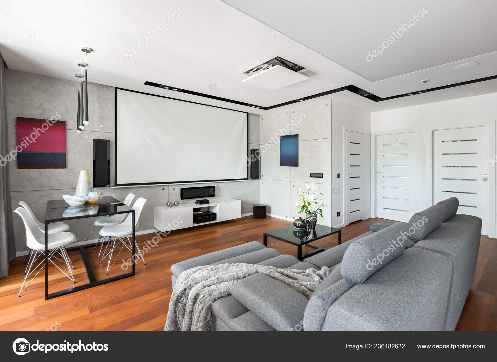 Modern Movie Room Projector Screen Gray Sofa Black Table