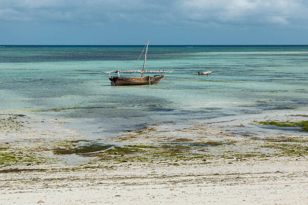 Wooden fishing boat on ocean