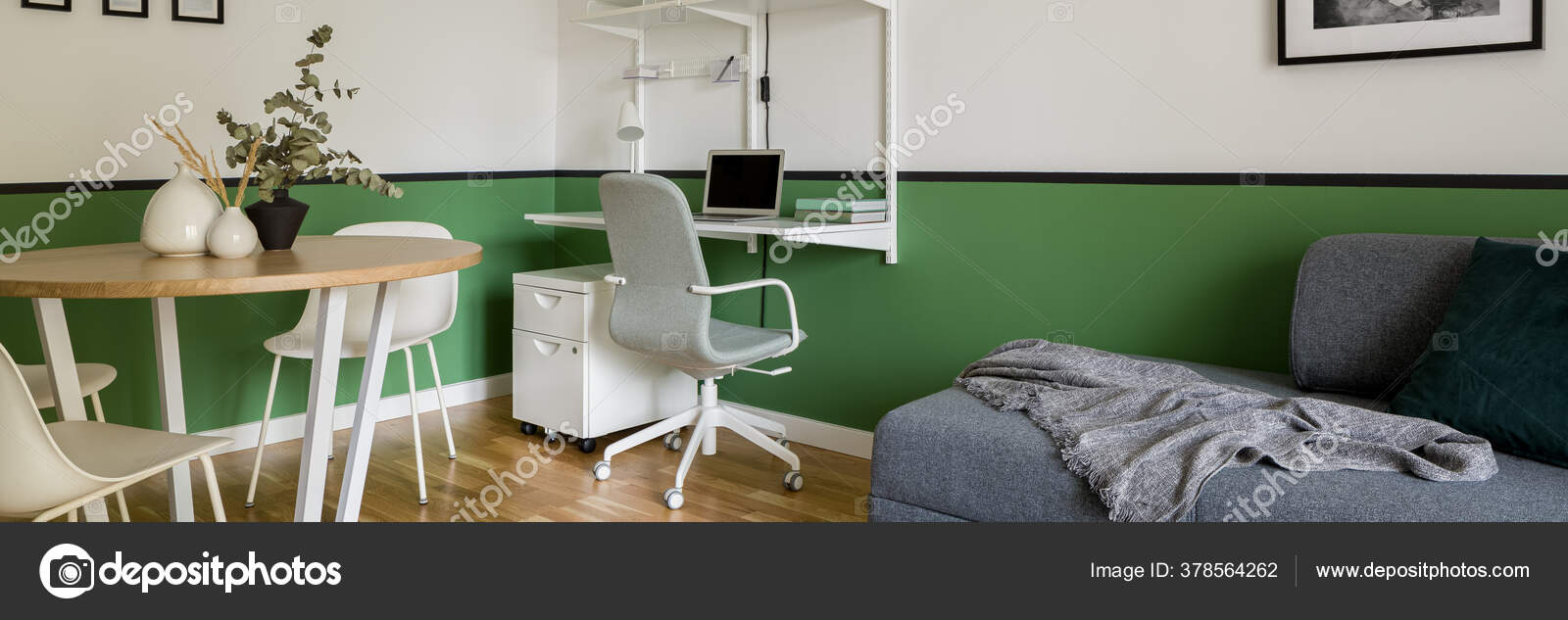 Panorama Home Office Space Living Room Green Walls Wooden Floor — Stock