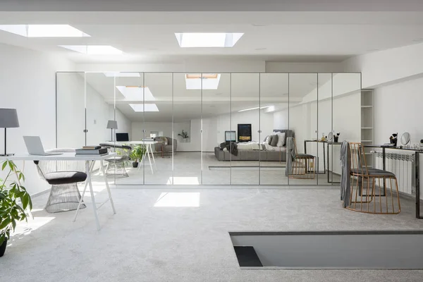 Stylish Attic Bedroom Gray Flooring Ceiling Windows White Walls Large — Stock Photo, Image