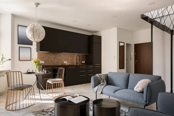 Kecil Dan Bergaya Dirancang Interior Apartemen Dengan Dapur Hitam Elegan — Stok Foto