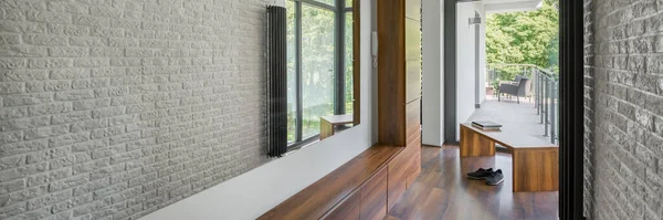 Panorama Home Corridor Long Mirror White Brick Wall Wooden Floor — Stock Photo, Image