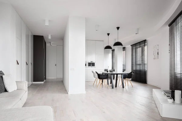 Spacious black and white apartment with curved wall and long, black window blinds