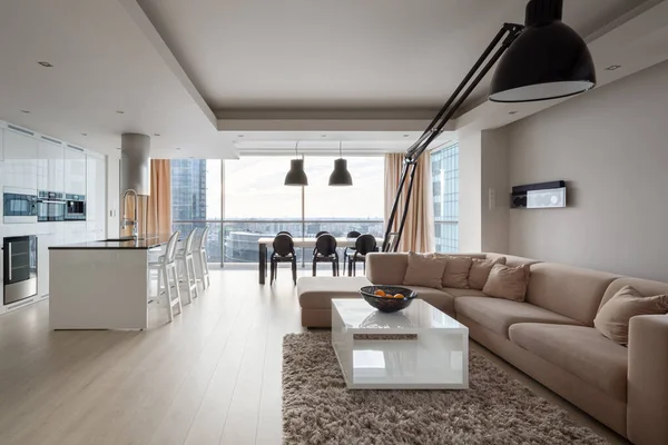 Apartamento Moderno Elegante Com Sofá Canto Grande Lâmpada Preta Elegante — Fotografia de Stock