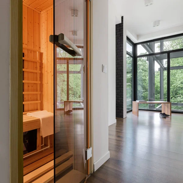 Wide Home Corridor Big Window Bench Sauna Room Doors Open — Stock Photo, Image