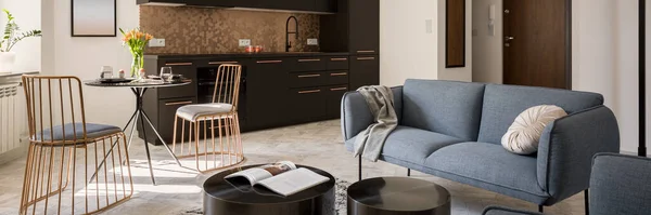Panorama Small Stylish Designed Apartment Interior Elegant Black Kitchen Modern — Stock Photo, Image