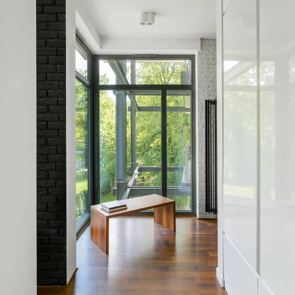 Modern Home Corridor Window Wall Corner Wooden Floor Wooden Bench — Stock Photo, Image