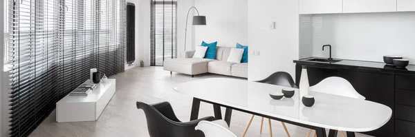 Panorama Elegante Apartamento Forma Redonda Interior Blanco Negro Con Cocina — Foto de Stock