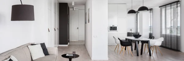 Panorama Białego Czarnego Nowoczesnego Apartamentu Salonem Otwartym Kuchnię Korytarz — Zdjęcie stockowe