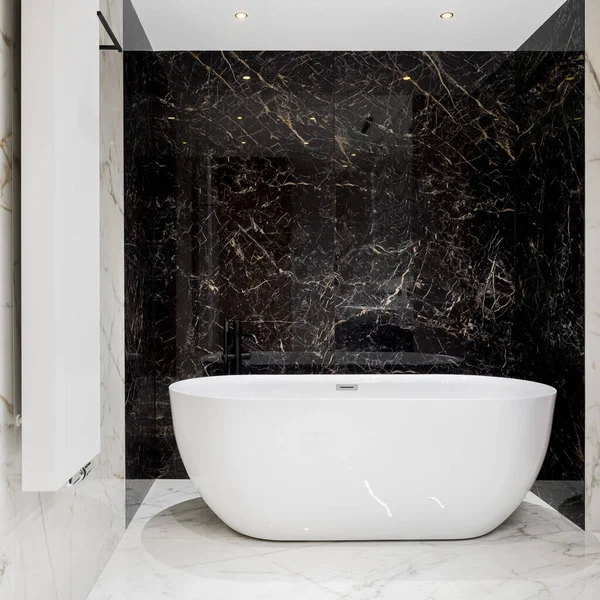 Bañera Ovalada Grande Lujo Baño Con Azulejos Mármol Blanco Negro —  Fotos de Stock