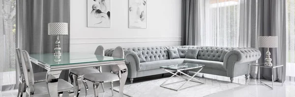 Panorama Soggiorno Bianco Grigio Stile Glamour Con Tavoli Pranzo Tavolini — Foto Stock
