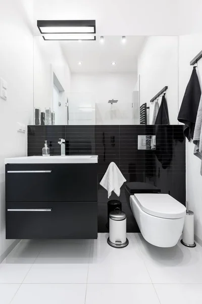Preto Branco Casa Banho Moderna Com Grande Espelho Iluminação Elegante — Fotografia de Stock