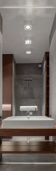 带有混凝土墙砖的现代时尚浴室的垂直全景 带有铅光和木制元素的大镜子 — 图库照片