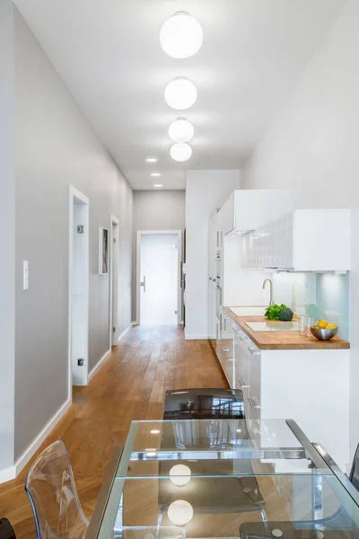 Appartement Moderne Avec Coin Cuisine Dans Couloir Avec Éclairage Plafond — Photo