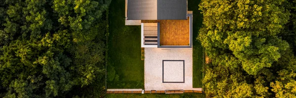 Drone View Modern House Stone Driveway Green Forest Sunset Panorama — Stock Photo, Image