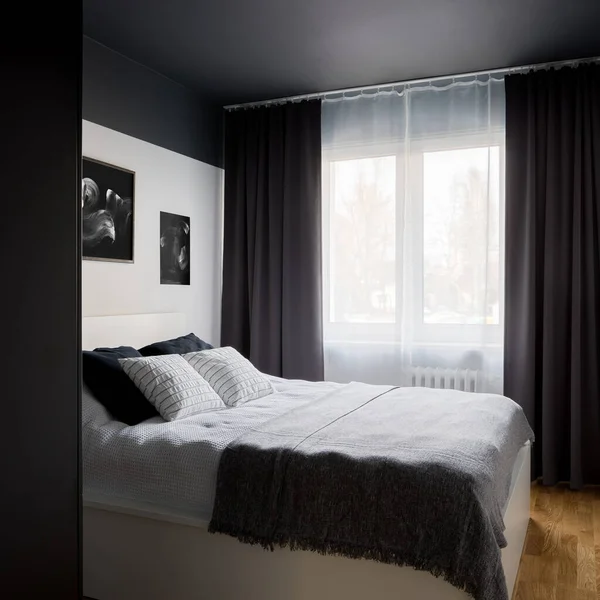 Kleines Und Stilvoll Eingerichtetes Schlafzimmer Mit Moderner Schwarzer Decke Und — Stockfoto