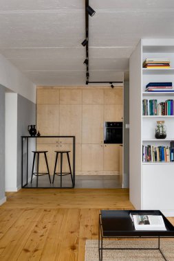Çam ağacından döşemeli, duvarları ve tavanı betonla kaplı küçük ve şık bir daire.