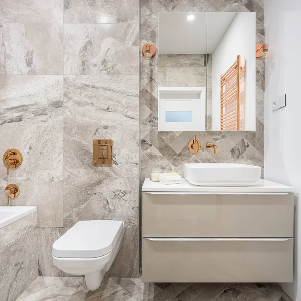 Beige Bathroom Marble Style Tiles Copper Details Taps Lamps Wall — Stock Photo, Image