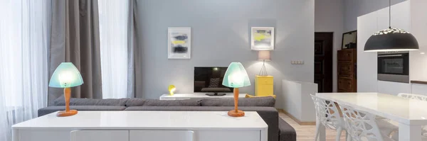 Πανόραμα Απλό Και Κομψό Εσωτερικό Διαμέρισμα Γκρι Τοίχους Λευκά Έπιπλα — Φωτογραφία Αρχείου