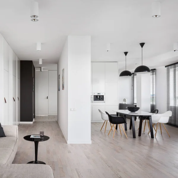 Amplio Apartamento Blanco Negro Con Cocina Abierta Salón Pasillo — Foto de Stock