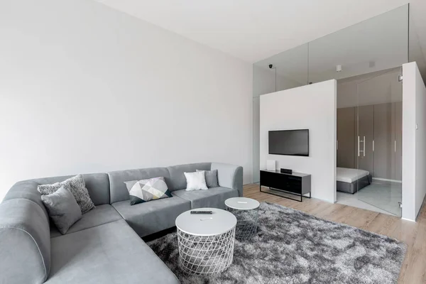 Riesiges Graues Ecksofa Mit Zwei Couchtischen Und Teppich Modernen Wohnzimmer — Stockfoto
