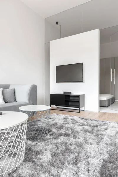 Modern white and gray carpet in living room with big television screen, gray sofa and two, white stylish coffee tables