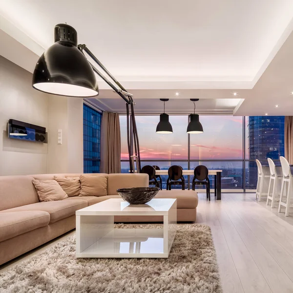 Bela Vista Pôr Sol Partir Apartamento Luxo Com Elegante Sala — Fotografia de Stock