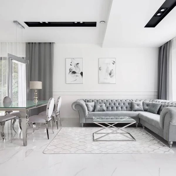 Salón Estilo Glamour Con Elegante Gris Acolchado Sofá Esquina Con — Foto de Stock