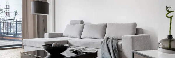 Panorama Living Room Simple Gray Corner Sofa Black Coffee Table — Stock Photo, Image