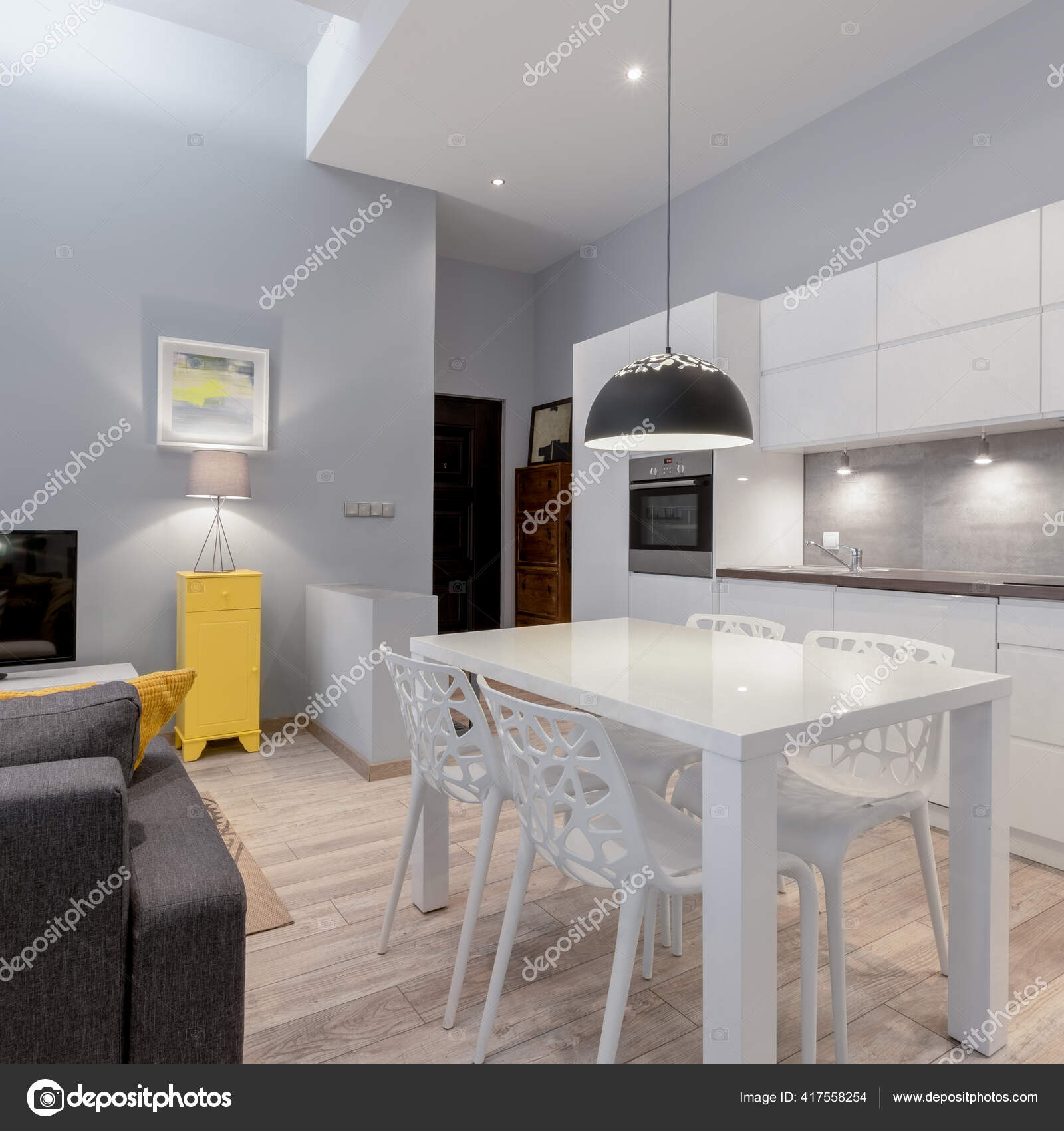 Stylish Apartment Living Room Open Small Kitchen Modern White Dining