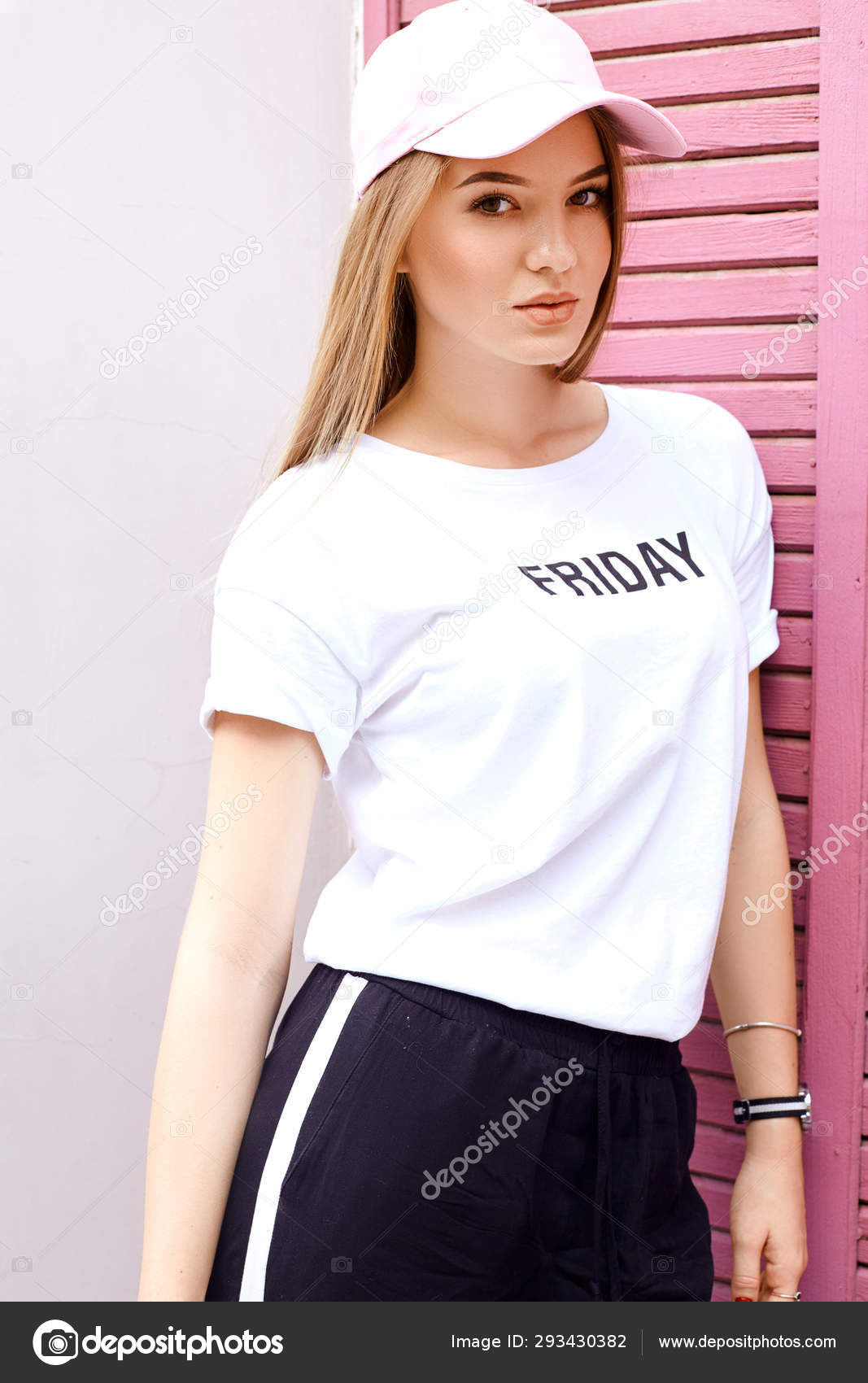 white cap t shirt