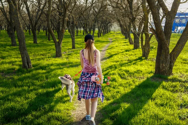 Das Mädchen geht mit einem Hund im Park spazieren — Stockfoto