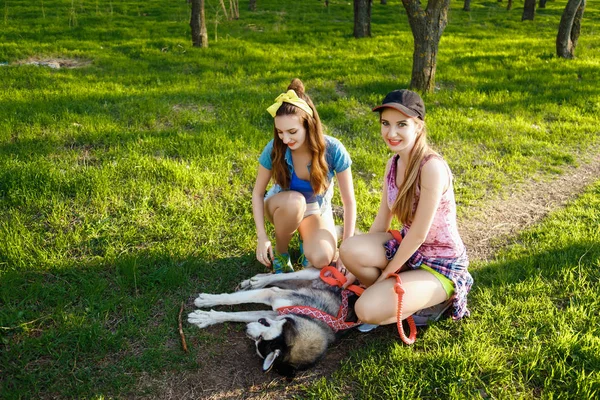 Tweelingzuster in het park met een hond — Stockfoto